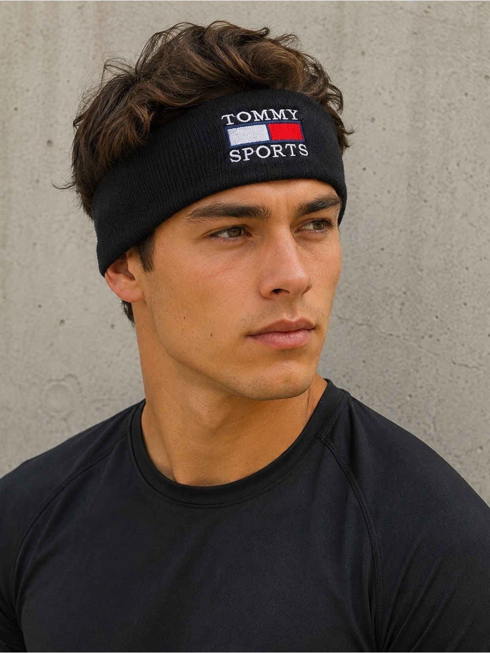 VTG Tommy Hilfiger Tommy Sports Black Knit Headband Embroidered Logo One Y2K